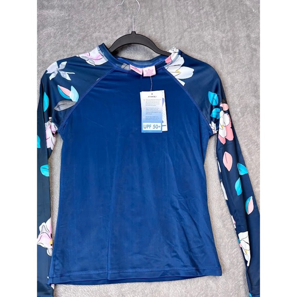 Kanu Surf Girls Long Sleeve Rashguard UPF 50+ Floral‎ Navy Blue Swim Top Size XL